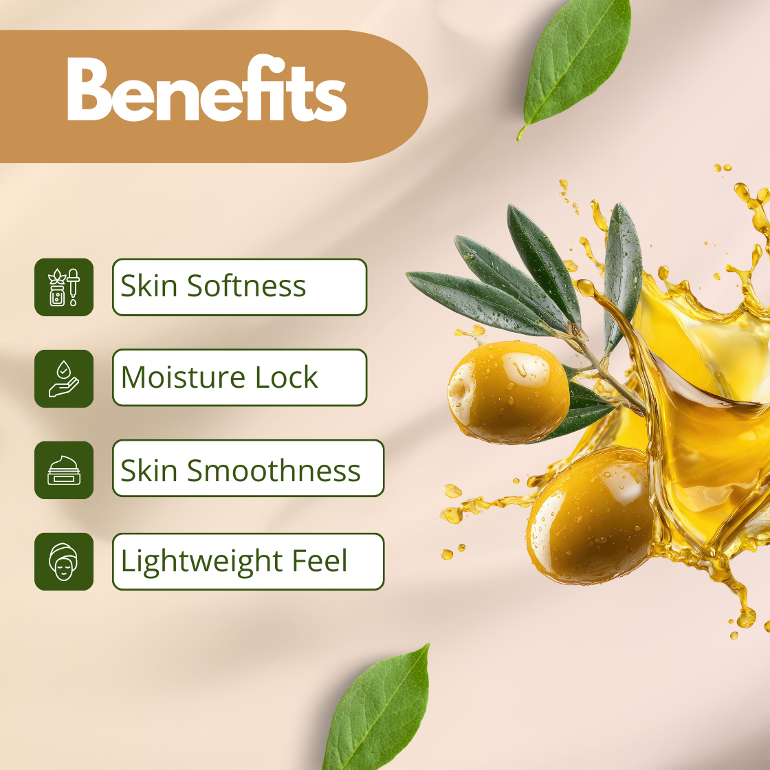 Benefits of Phytosqualane Oil highlighted in infographic. A splash of golden oil with olives and leaves accompanies text listing benefits: Skin Softness, Moisture Lock, Skin Smoothness, Lightweight Feel. Natural and nourishing theme.