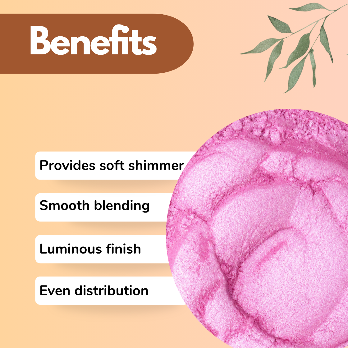 Pink mica powder benefits image featuring soft shimmer, smooth blending, luminous finish and even distribution for cosmetic formulations, resin art, soap making and nail art. Bright pink cosmetic grade mica pigment with reflective shimmer used in blush, lip gloss, bath bombs, body butter and DIY makeup products.