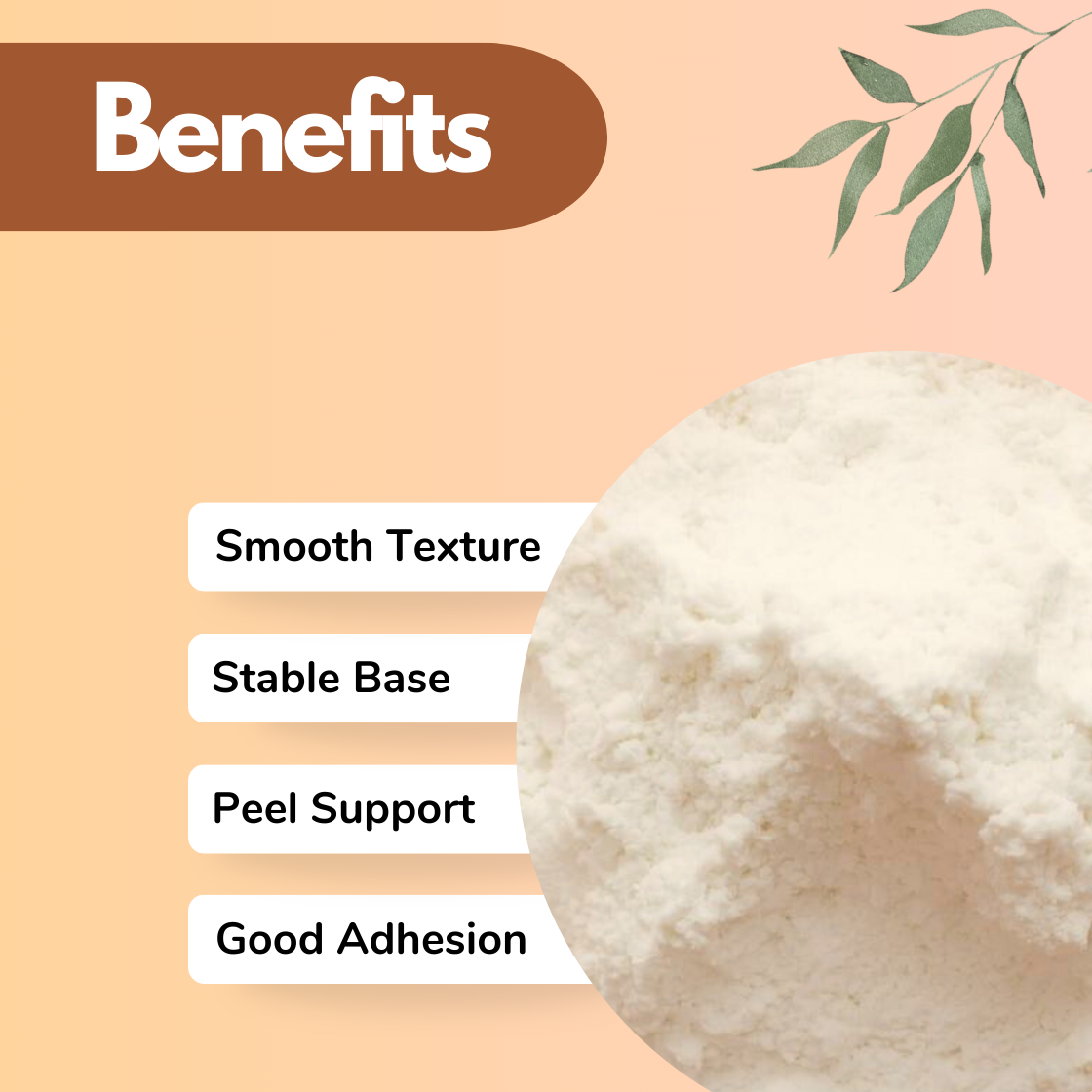 Cosmetic ingredient "Poly Vinyl Alcohol PVA Hot" infographic displaying fine powder used in skincare formulations, highlighting benefits including Smooth Texture, Stable Base, Peel Support and Good Adhesion on skin. Cosmetic Ingredient are widely used in face masks, detox skincare products, cleansing treatments and beauty formulations.