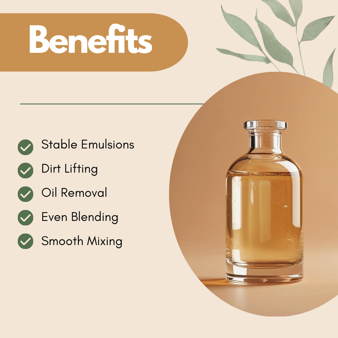 Cosmetic ingredient infographic showing liquid cleansing "Polysorbate 80" used in skincare and haircare products, highlighting benefits including Stable Emulsions, Dirt Lifting, Oil Removal, Even Blending and Smooth Mixing during formulation. This ingredient is commonly used in face wash, shampoo and personal care cleansing products.