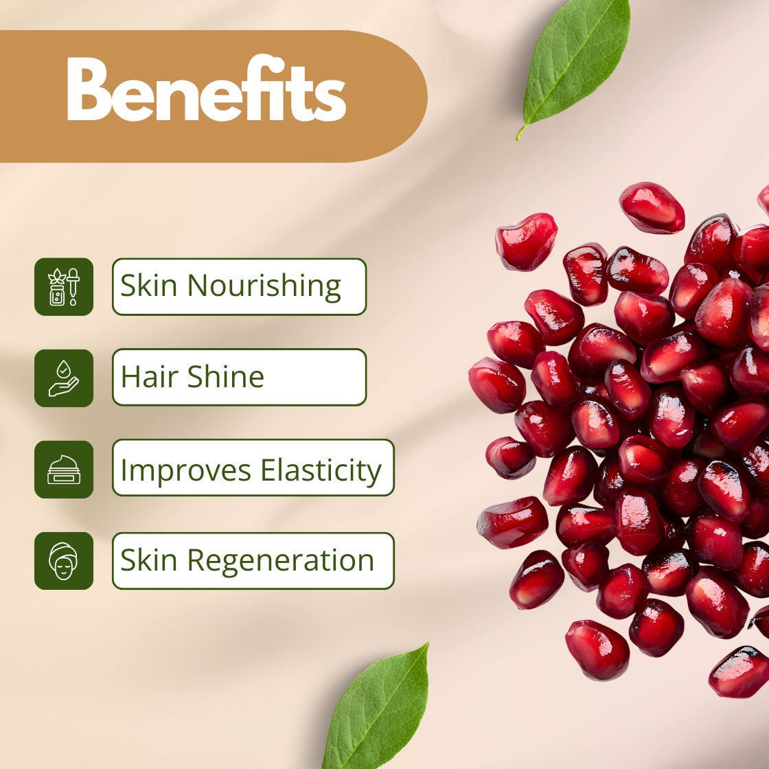 Image highlighting benefits of pomegranate oil on a beige background. Left: icons with text 'Skin Nourishing,' 'Hair Shine,' 'Improves Elasticity,' 'Skin Regeneration.' Right: clustered red pomegranate seeds with green leaves.