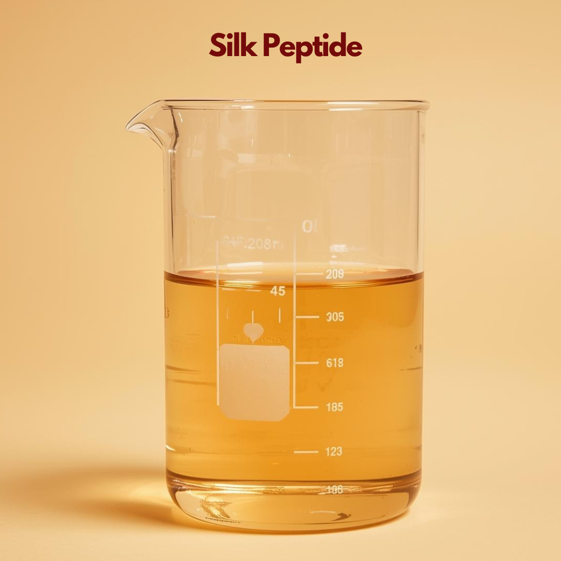 Laboratory beaker containing golden liquid labeled "Silk Peptide" displayed on a warm neutral background. Silk peptide is a cosmetic protein ingredient used in skincare and haircare formulations to improve hydration smoothness and skin conditioning.