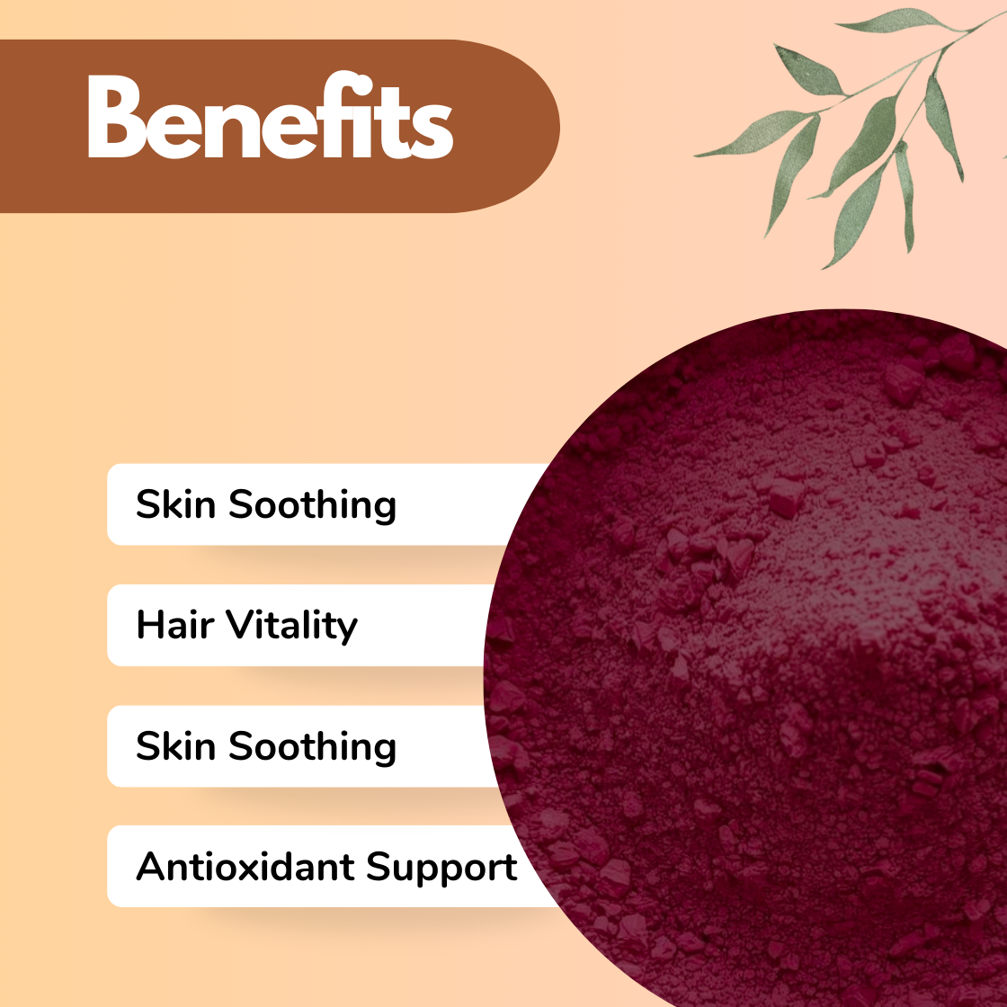 Benefits graphic showing a deep reddish Ratanjot herbal powder with visible fine and slightly coarse particles. The text highlights Skin Soothing, Hair Vitality, Skin Soothing, and Antioxidant Support, presenting this vibrant botanical powder as a natural herbal ingredient for calming skincare and revitalizing hair formulations.