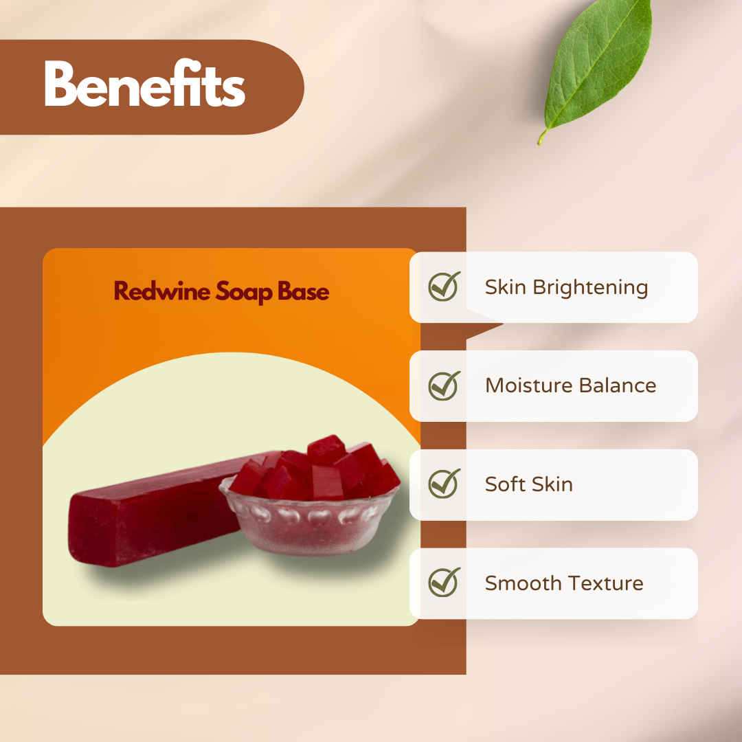 Benefits image showing Redwine Soap Base with a deep red soap bar and cubes. Text reads Skin Brightening, Moisture Balance, Soft Skin, Smooth Texture. This redwine soap base for handmade soap focuses on glow and hydration support.