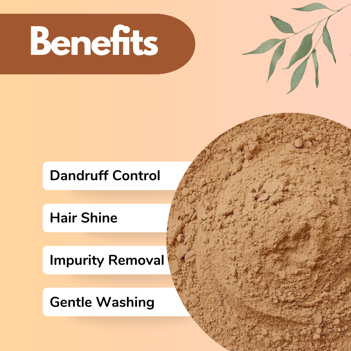Benefits graphic displaying a Reetha herbal powder with natural grainy texture. Text highlights Dandruff Control, Hair Shine, Impurity Removal, and Gentle Washing, presenting this botanical powder as a natural cleansing ingredient for herbal shampoo and scalp care formulations.