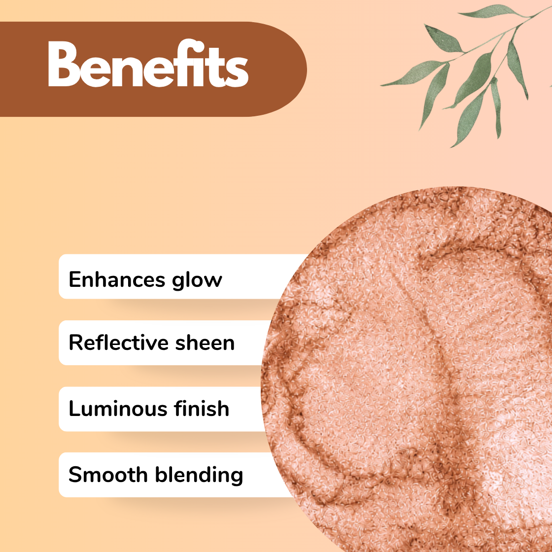 Rose gold mica powder benefits infographic featuring glow-enhancing shimmer, reflective sheen, luminous finish and smooth blending for cosmetic formulations, luxury makeup and handmade skincare products. Rose gold cosmetic grade mica pigment with elegant metallic sparkle for highlighters, body oils, candles, soap making.