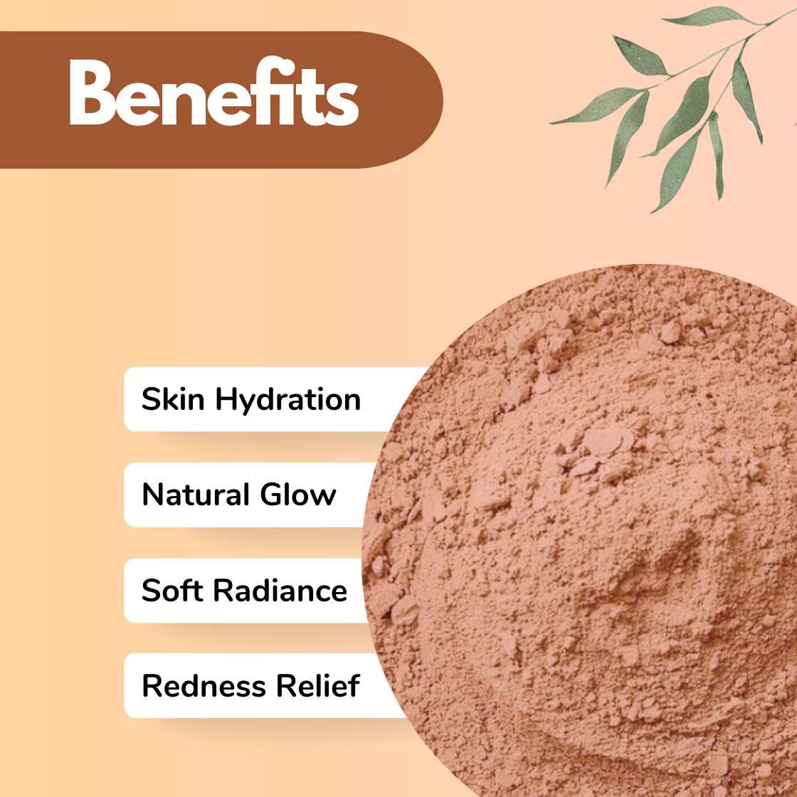 Benefits graphic displaying a Rose herbal powder with smooth texture under a bold Benefits heading. The listed benefits Skin Hydration, Natural Glow, Soft Radiance, and Redness Relief present this plant based herbal powder as a soothing cosmetic ingredient for sensitive and dry skin formulations.