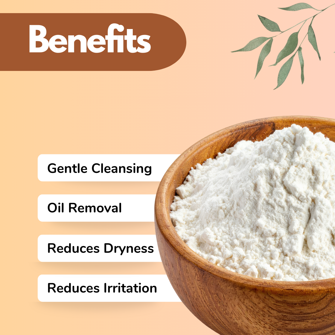 A wooden bowl filled with SCI white powder, accompanied by text listing benefits: "Gentle Cleansing," "Oil Removal," "Reduces Dryness," and "Reduces Irritation." A leafy design is in the top right corner.