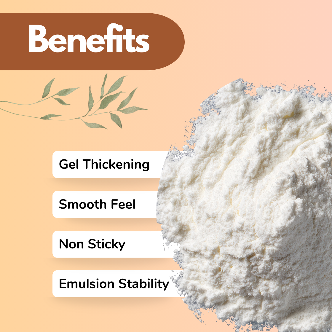 Infographic showing "Sepimax Zen" cosmetic ingredient powder in a textured white pile on a beige background, displaying formulation benefits including gel thickening, smooth feel, non sticky and emulsion stability. Sepimax Zen is a widely used cosmetic thickening agent and stabilizer in skincare gels, creams, lotions and cosmetic formulation and maintain product consistency.
