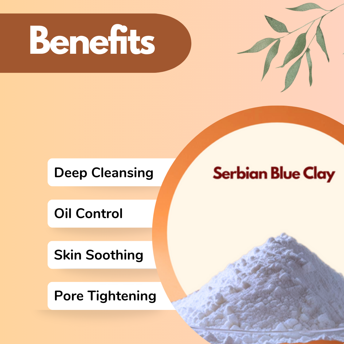 A mound of Serbian Blue Clay is shown against a beige background with green leaves. Benefits listed include deep cleansing, oil control, skin soothing, and pore tightening. The tone is informational and calming.