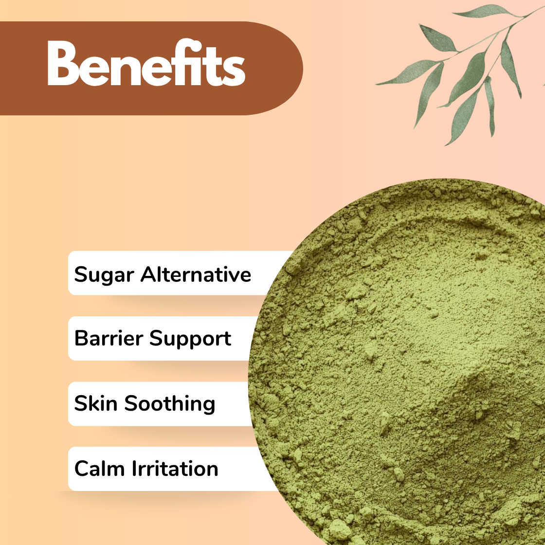 Natural Stevia Herbal Powder for skincare displayed with benefits text including sugar alternative barrier support skin soothing and calm irritation alongside a fine green powder texture. This image represents a gentle herbal cosmetic ingredient used for sensitive skin formulations to reduce irritation support skin barrier function and provide soothing effects.