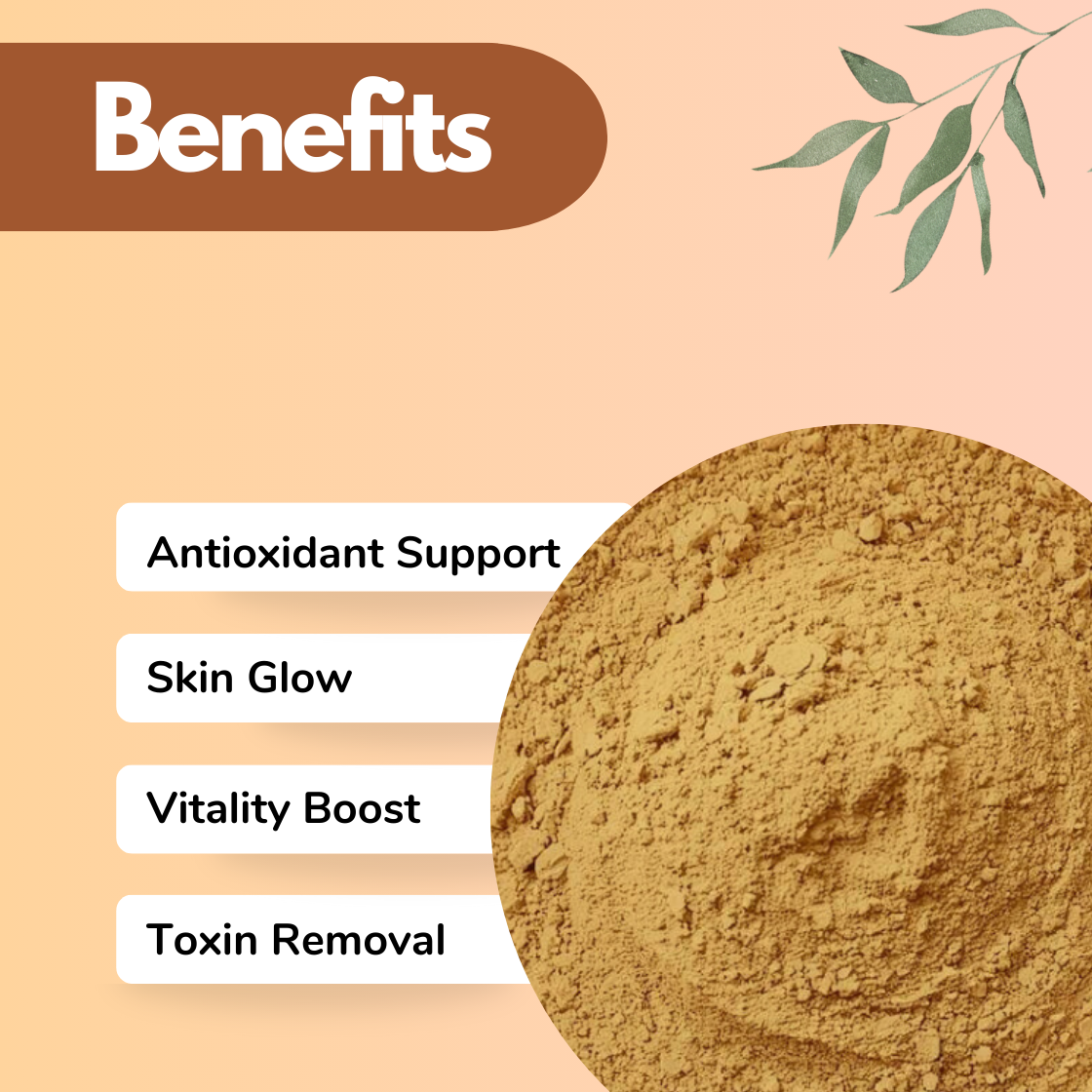 Triphala herbal powder benefits image displaying antioxidant support, skin glow enhancement, vitality boost and toxin removal, with detailed organic herbal powder texture, ideal for detox face masks and natural skincare formulations