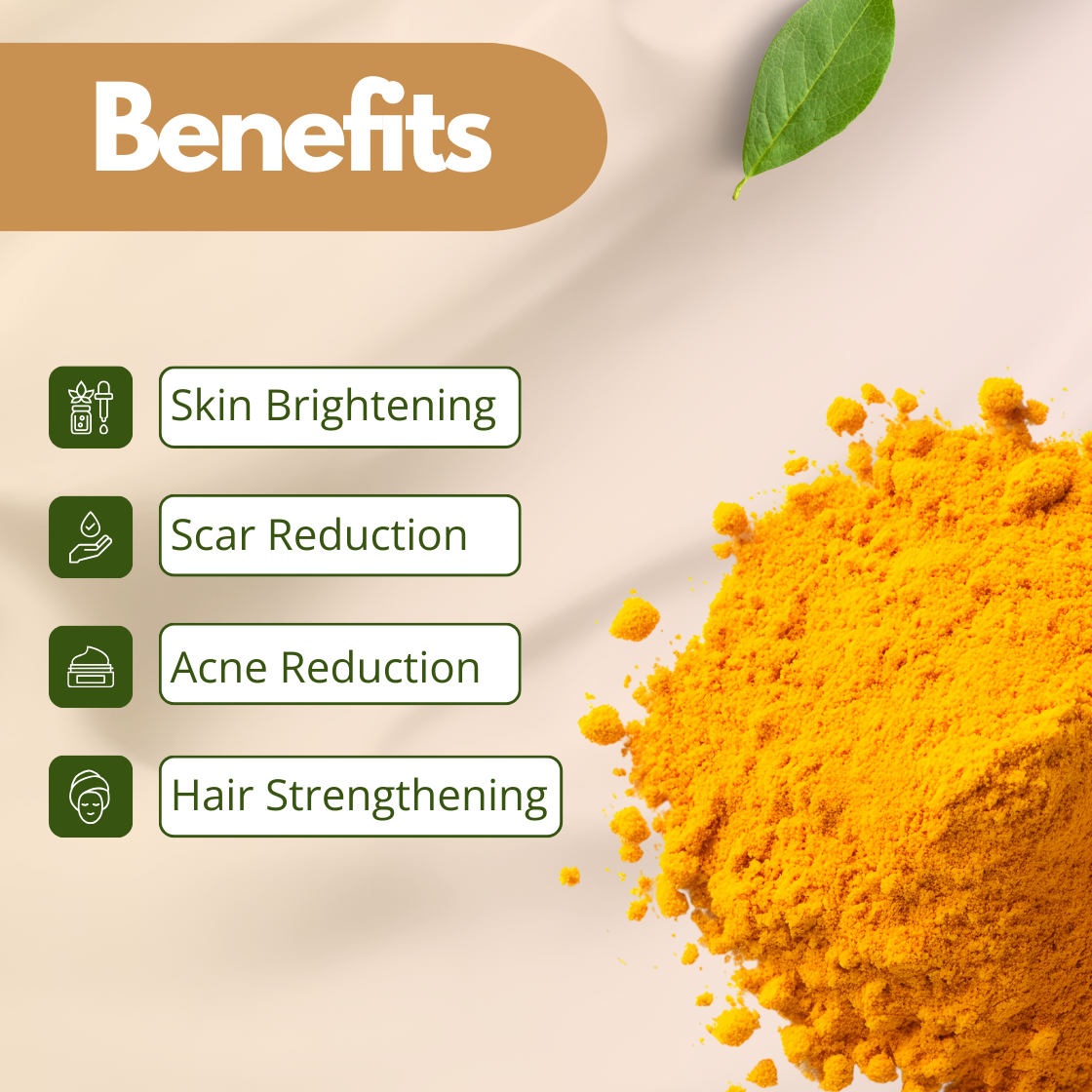 Yellow Turmeric powder with a green leaf. Benefits include skin brightening, scar and acne reduction, and hair strengthening. Calm, natural tones.