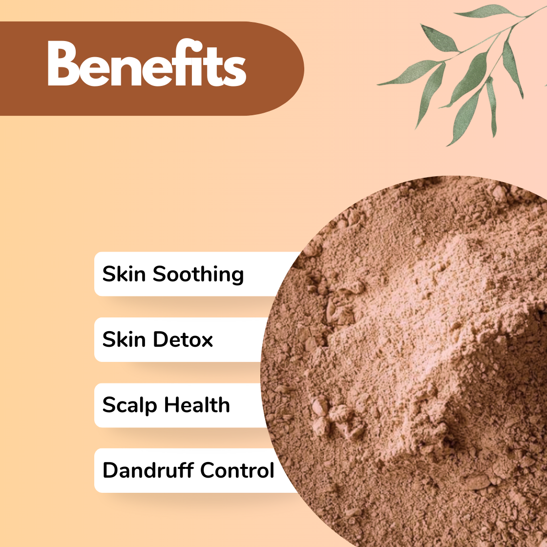 Organic Ushir herbal powder benefits infographic presenting skin soothing, skin detox, scalp health improvement, and dandruff control with detailed earthy powder texture for herbal hair and skin care formulations