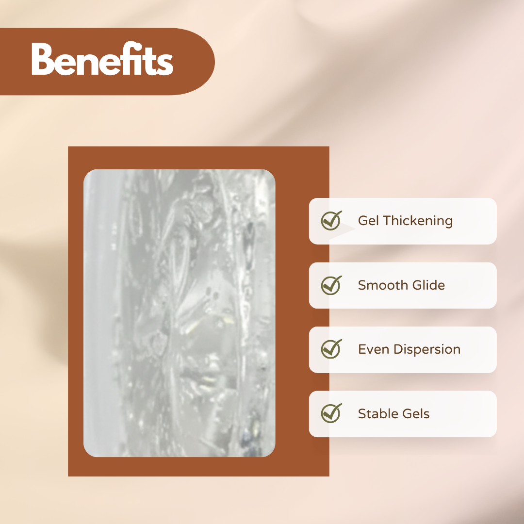Infographic displaying cosmetic formulation ingredient "Versagel" with benefits including Gel Thickening, Smooth Glide, Even Dispersion and Stable Gels . Versagel is a clear cosmetic gel base used in lip gloss, skincare gels, hair styling products and personal care cosmetic manufacturing to improve product texture and stability.