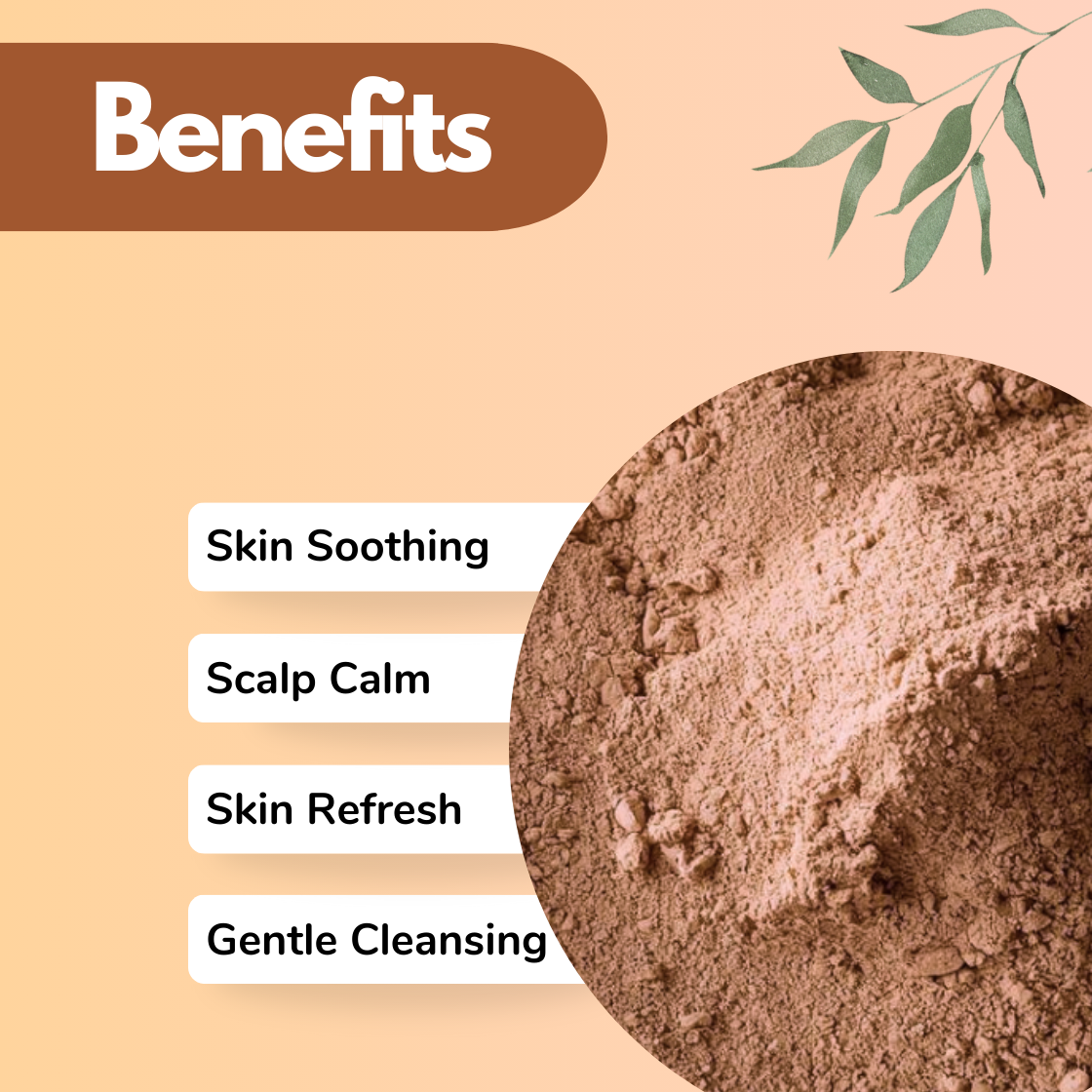 Vetiver herbal powder benefits image displaying skin soothing, scalp calming, skin refresh and gentle cleansing properties, featuring fine botanical powder texture ideal for natural face cleansers and herbal hair masks.