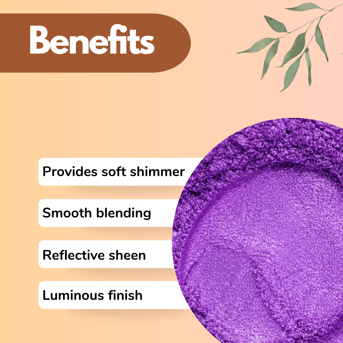 Violet mica powder benefits infographic showing soft shimmer, smooth blending, reflective sheen and luminous finish for cosmetics, skincare, soap making and resin crafts. Purple cosmetic grade mica pigment with vibrant shimmer effect used in eyeshadow palettes, lip gloss, nail polish, bath bombs and handmade beauty products.
