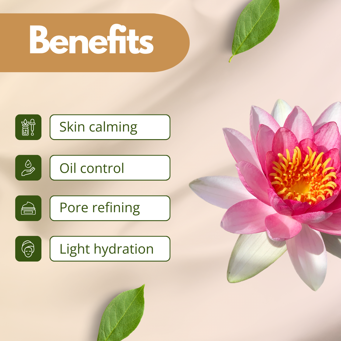Skincare benefits infographic featuring a large white pink "Water Lily Flower" with yellow center on a beige background alongside text explaining cosmetic benefits of "Water Lily Flower Extract" including Skin calming, Oil control, Pore refining and Light hydration. This visual represents water lily flower extract botanical extract used in cosmetic formulations such as face creams, toners, soaps and herbal skincare products for soothing and balancing skin.
