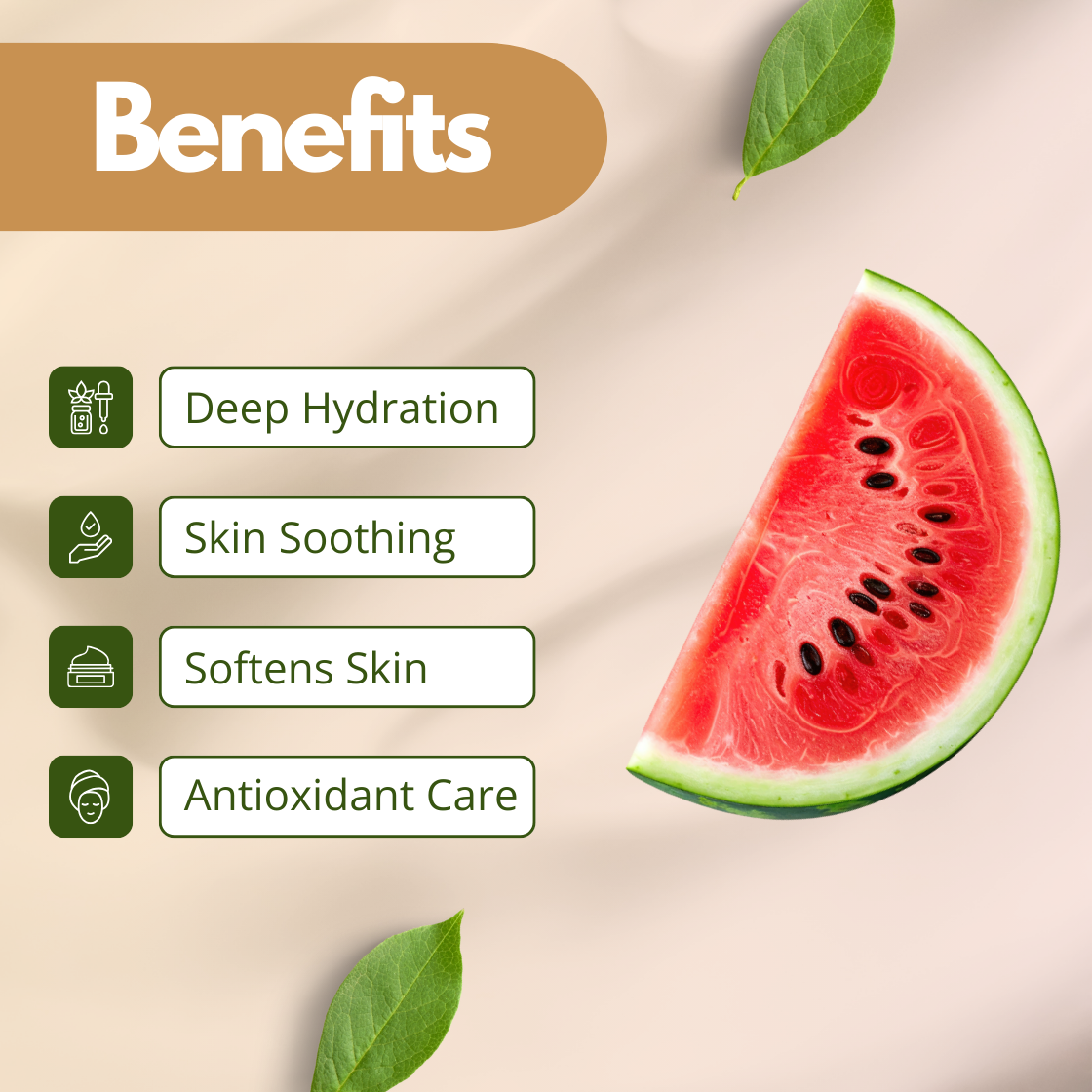 Benefits image of Watermelon Extract showing a fresh red watermelon slice, emphasizing deep hydration, skin soothing, softening benefits and antioxidant care. Cosmetic grade watermelon fruit extract used in skincare formulations as a hydrating botanical active ingredient for refreshing and moisturizing cosmetic products.