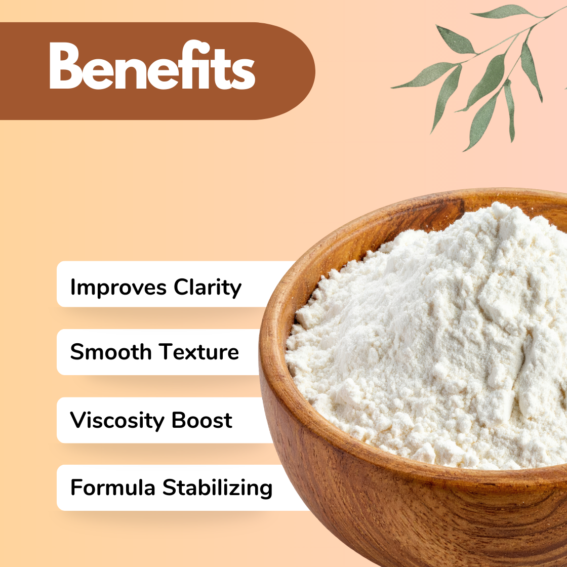 A wooden bowl filled with white "Xanthan Gum Transparent" powder. Text: “Benefits” with a list: Improves Clarity, Smooth Texture, Viscosity Boost, Formula Stabilizing. Background: peach with green leaves.