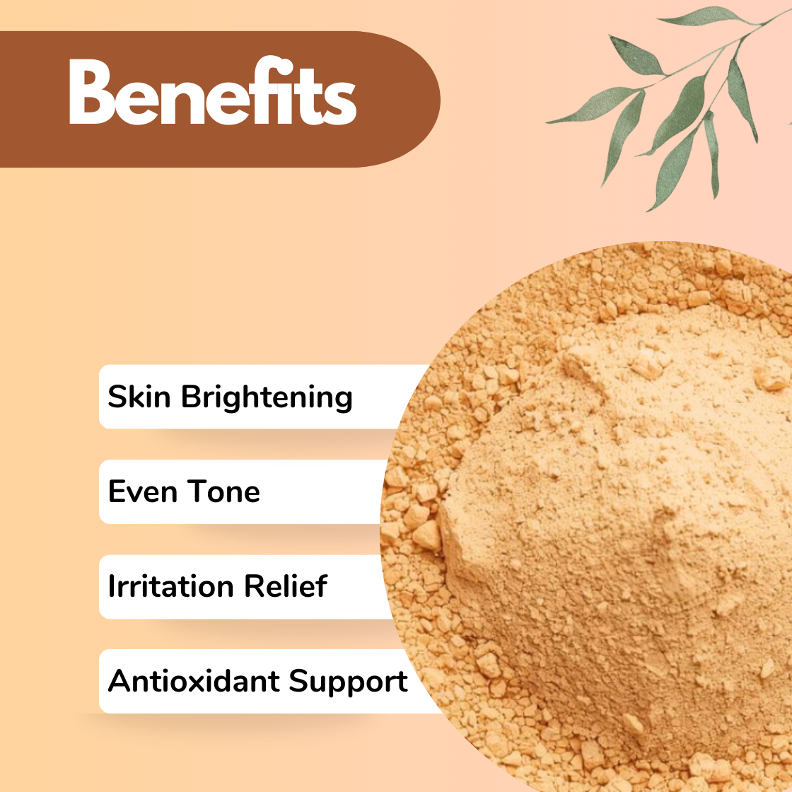 Natural Yashtimadhu herbal powder benefits infographic showing skin brightening, even skin tone support, irritation relief, and antioxidant protection, featuring fine beige herbal powder texture ideal for calming and glow enhancing face masks.
