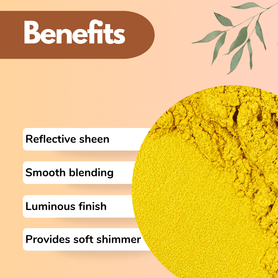 Yellow mica powder benefits infographic showcasing reflective sheen, smooth blending, luminous finish and soft shimmer for cosmetic formulations, soap making, resin art and bath products. Bright yellow cosmetic grade mica pigment with radiant metallic effect used in makeup, lip gloss, body butter and handmade skincare products.