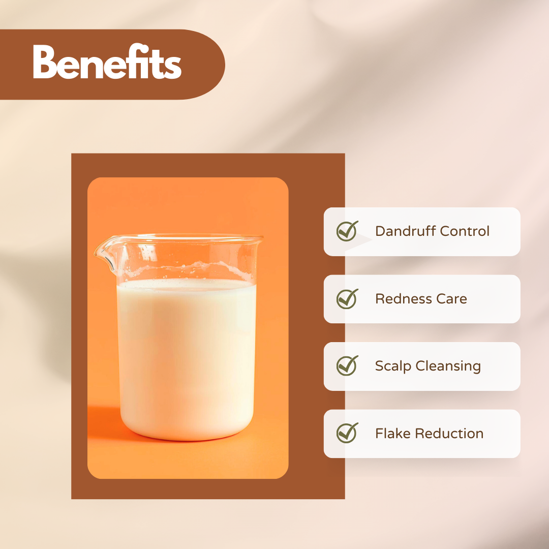 Centered within a brown rectangular frame, a laboratory style glass beaker contains a creamy, milky white liquid against a vibrant orange background. The liquid appears slightly opaque and smooth with a thin layer of foam near the surface. On the right, benefit callouts read: Dandruff Control, Redness Care, Scalp Cleansing, and Flake Reduction. The image merges cosmetic with product functionality. It represents an anti dandruff active ingredient used in scalp care and hair treatment formulations.