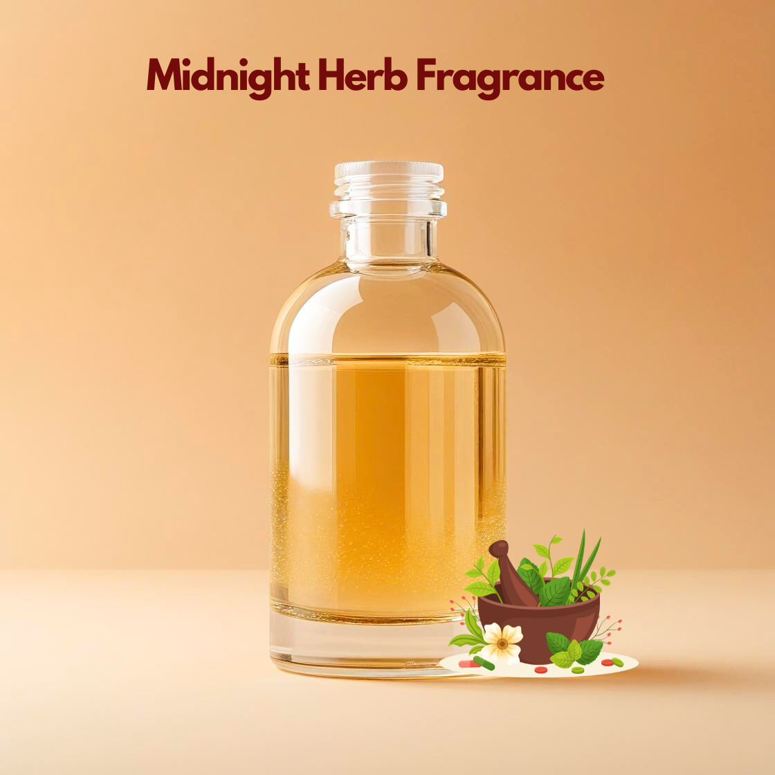 Clear bottle filled with golden liquid labeled Midnight Herb Fragrance with a mortar and mixed herbs illustration. This oil soluble fragrance for cosmetics delivers a deep herbal aromatic note suitable for spa and wellness products.