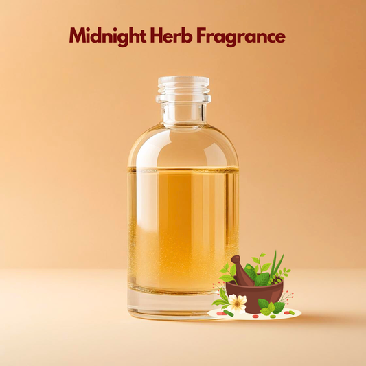 Clear bottle filled with golden liquid labeled Midnight Herb Fragrance with a mortar and mixed herbs illustration. This oil soluble fragrance for cosmetics delivers a deep herbal aromatic note suitable for spa and wellness products.