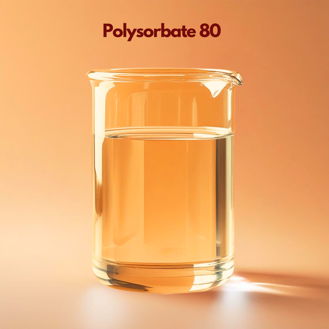 Transparent laboratory beaker filled with golden liquid labeled "Polysorbate 80" placed on an orange background. Polysorbate 80 is a cosmetic emulsifier and solubilizing agent commonly used in skincare and haircare formulations to blend oils with water based products.