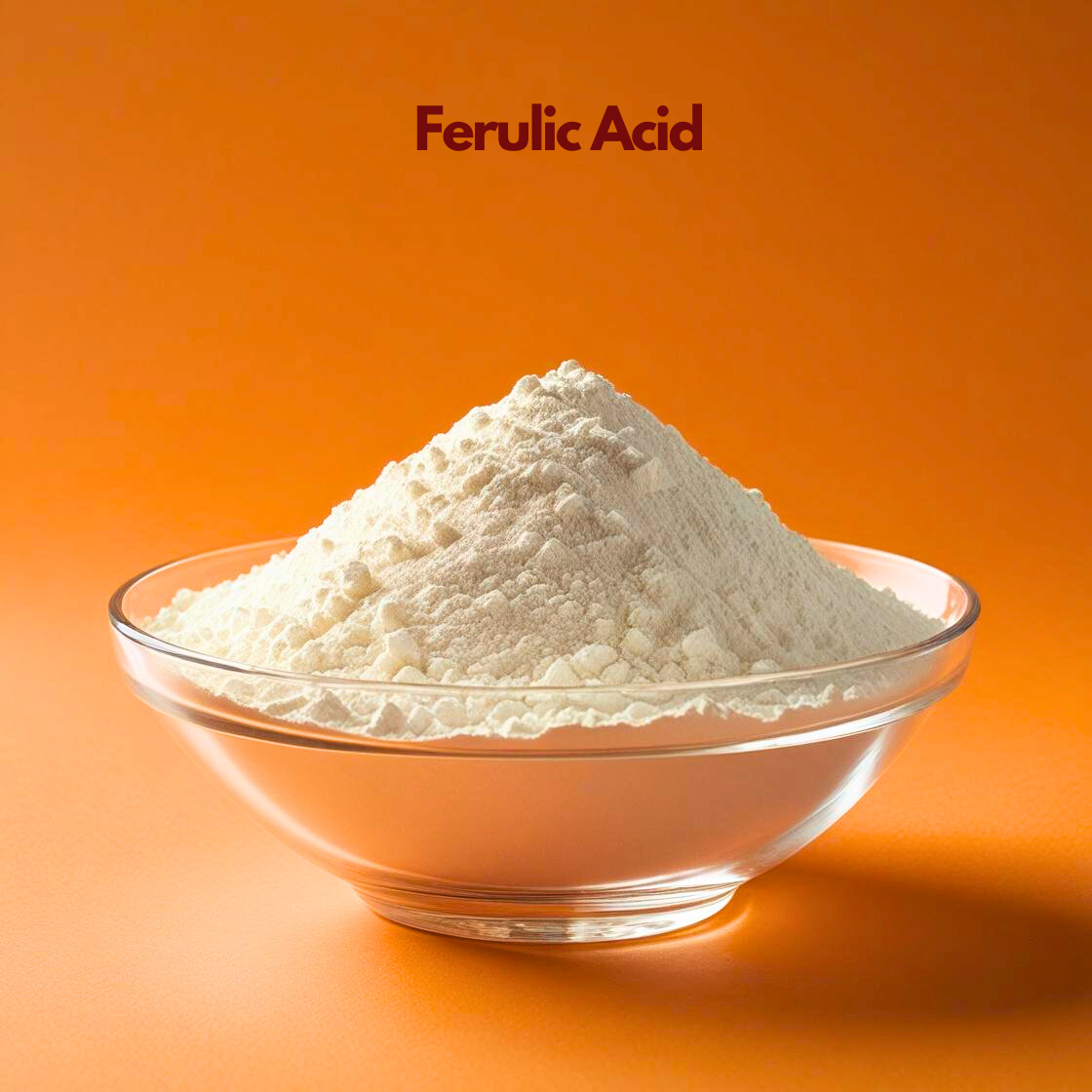 A high angle view of Ferulic Acid powder, which has a pale, off-white to creamy tint and a slightly clumped, granular texture. The powder is piled into a clear glass bowl positioned on a vibrant orange surface. At the top of the image, the text "Ferulic Acid" is displayed in maroon.