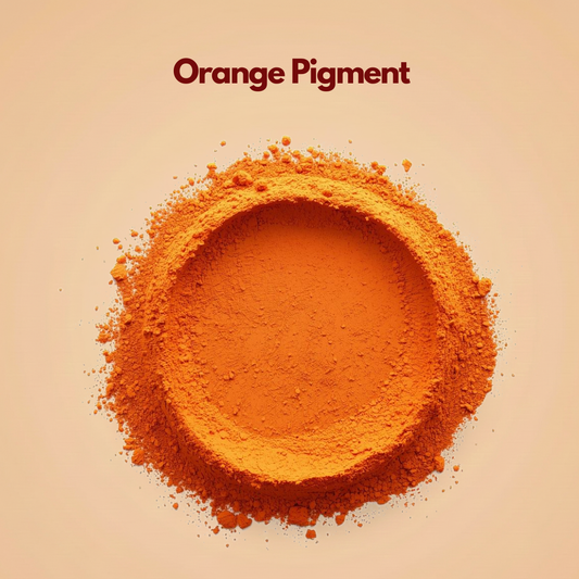 Round pressed layer of vivid orange pigment powder with loose granules surrounding the outer edge, creating a soft halo effect. The surface looks finely milled and evenly pigmented. This orange cosmetic pigment powder is used in soap, lip products and color cosmetic formulations.