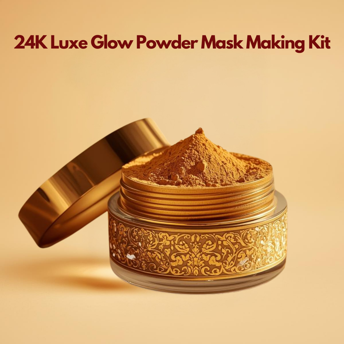 A high angle shot of a clear glass bowl containing a mound of pale gold 24K Luxe Glow powder. The powder has a soft, velvety texture with a subtle metallic sheen. It sits against a bold orange background. The product title "24K Luxe Glow Powder Mask Making Kit" is written at the top in maroon.