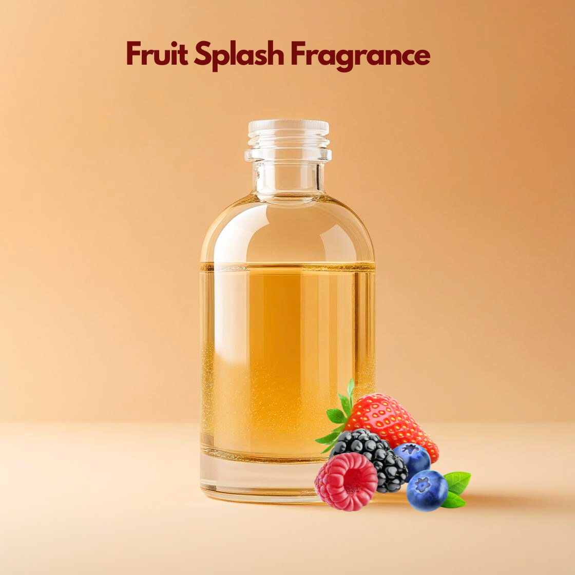 Glass bottle labeled Fruit Splash Fragrance with strawberries, blueberries, raspberries, and blackberries illustrated at the base. This oil soluble fragrance for cosmetics provides a juicy fruity scent ideal for soaps and body care ranges.