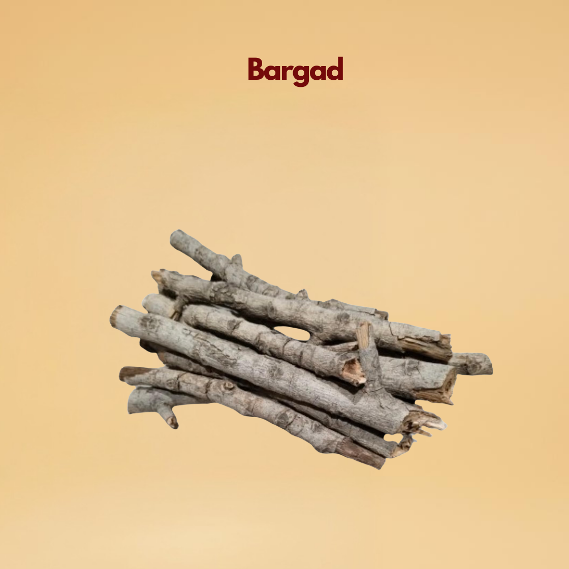 A bundle of grayish brown sticks stacked irregularly against a light tan background. The word "Bargad" is centered above in dark red text.