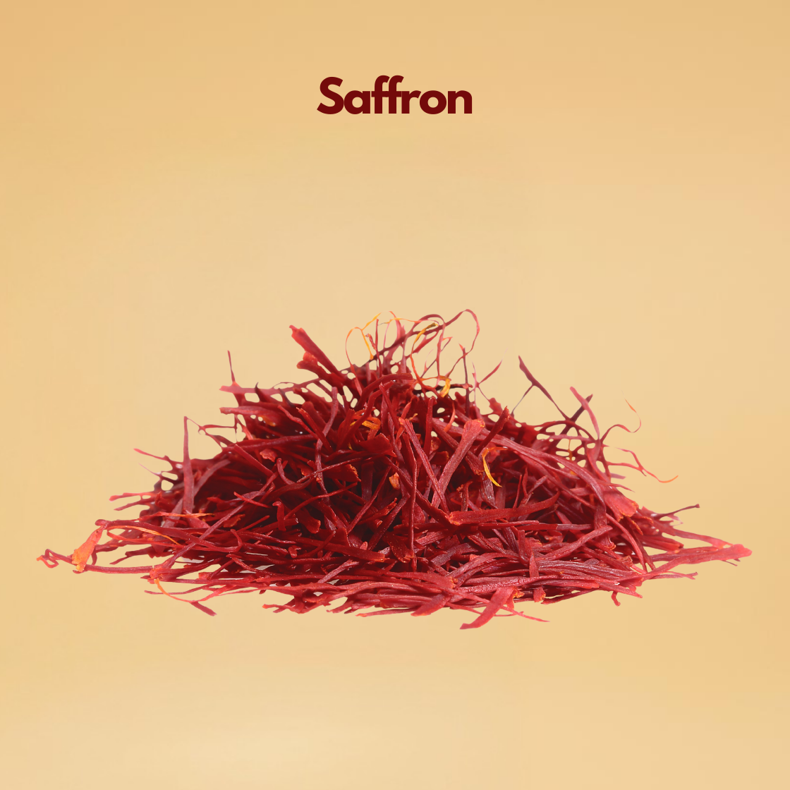 Small pile of deep red saffron strands labeled Saffron placed on a neutral background. Saffron is a natural botanical ingredient used in skincare formulations for skin brightening antioxidant care and traditional beauty treatments.