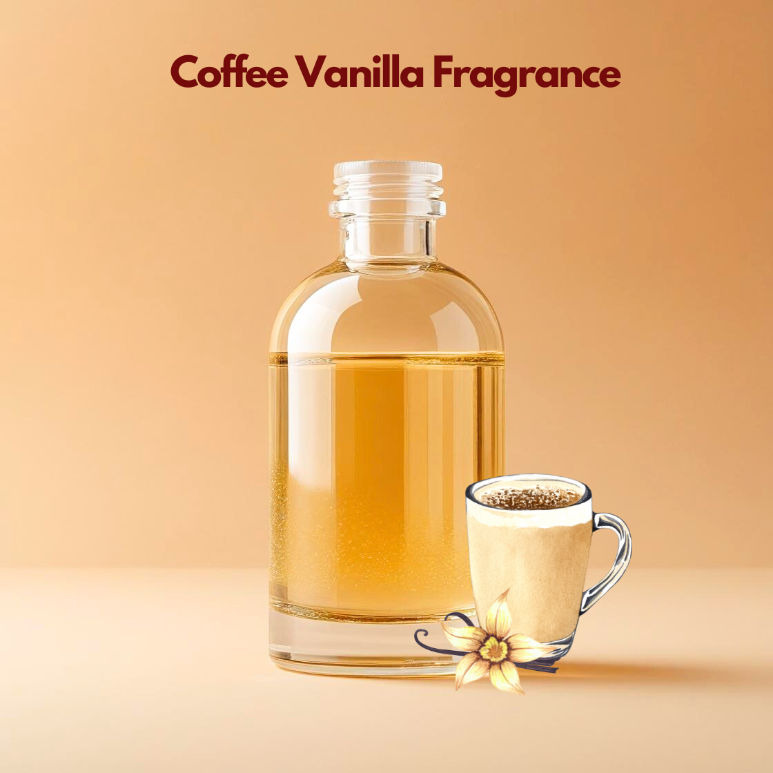 Glass bottle filled with golden liquid labeled Coffee Fragrance with illustrated coffee beans at the base. This oil soluble fragrance for cosmetics delivers a rich roasted aroma perfect for soaps, scrubs and candle formulations.