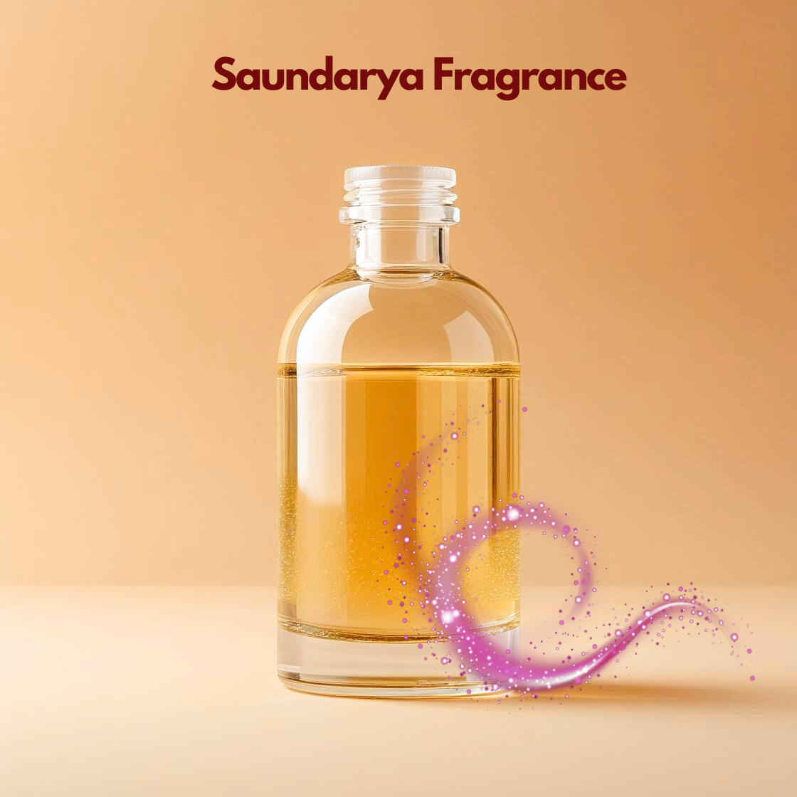  Transparent fragrance bottle labeled Saundarya Fragrance with a soft pink sparkling swirl effect near the base. This oil soluble fragrance for cosmetics suggests an elegant feminine aroma suited for luxury cosmetic formulations.