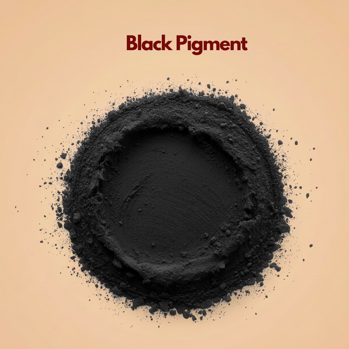 Round formation of black pigment powder with a dense matte center and loose mineral particles surrounding the outer ring. The powder appears ultra fine and highly pigmented. This cosmetic black pigment powder is commonly used in eyeliner and mascara.