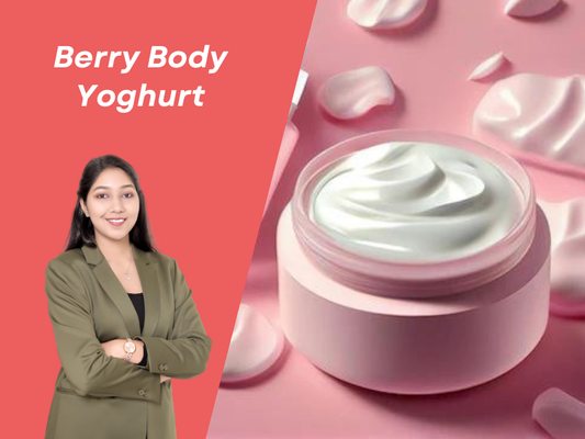 A creamy and inviting promotional graphic. On the left, a female  professional formulator stands against a bold coral red background. On the right, an open pink jar is filled with thick, swirled white body yoghurt. Several smooth dollops of the cream are artistically scattered on the surrounding light pink surface.