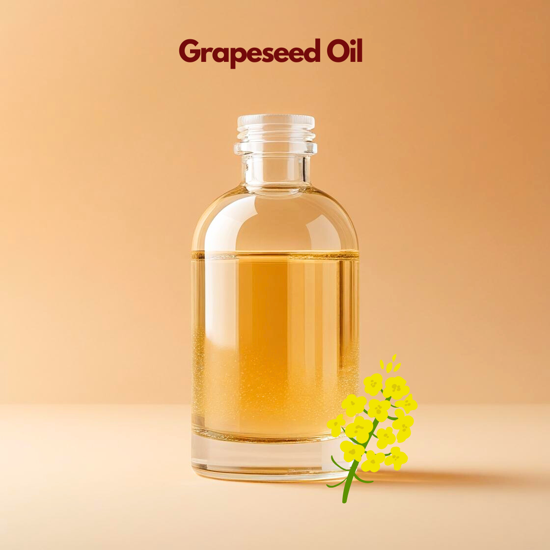 Cold pressed grapeseed oil in glass bottle with yellow blossoms, light texture carrier oil from our carrier oil collection ideal for massage oils, acne-prone skincare and serums.