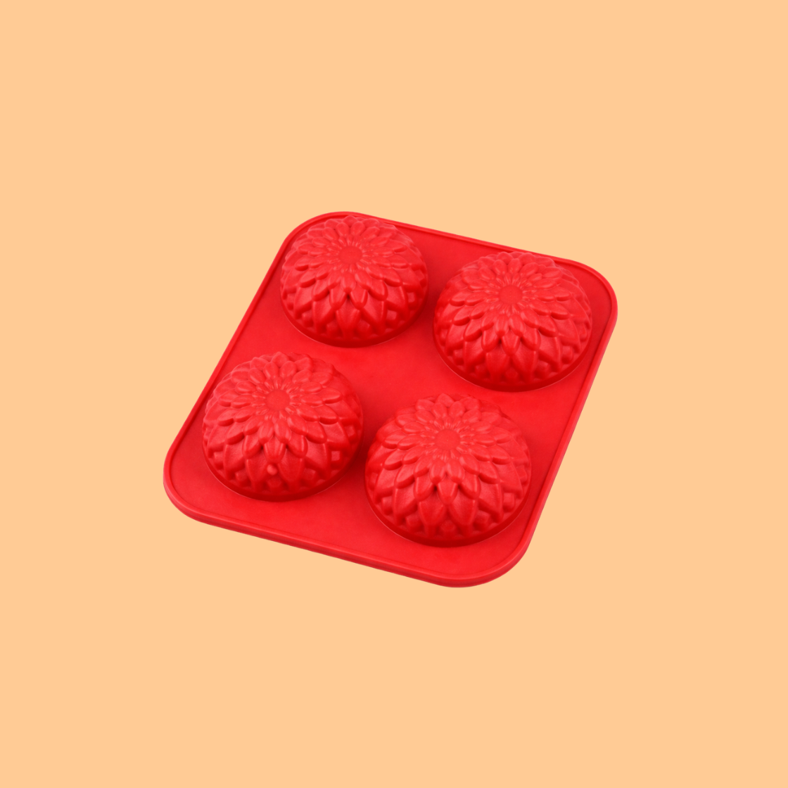 Red silicone soap mold with four round floral dome cavities designed for decorative handmade soap bars, flexible mold used for DIY soap crafting, bath soap making and artisan cosmetic soap production.