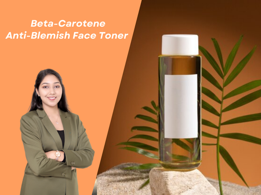 A clean, laboratory inspired graphic for an Anti Blemish Face Toner. On the left, a female professional formulator is pictured against a solid orange background. On the right, a clear bottle filled with a golden, tea colored liquid sits on a smooth rock. A large green tropical leaf stands behind the bottle against a warm brown backdrop.