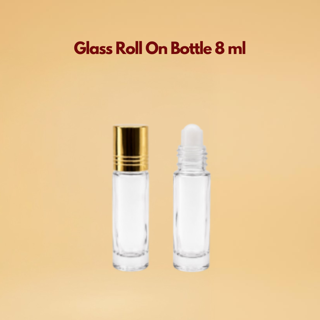 8ml clear glass roll-on bottle with gold cap and white roller ball empty glass roller bottle for essential oil, perfume, serum | glass roll-on bottle wholesale India | glass roller bottle for DIY perfume, eye serum, cosmetic oil packaging. Ideal for essential oils, perfumes, face serums, under eye oils, and cosmetic oil blends. Available for bulk cosmetic packaging.