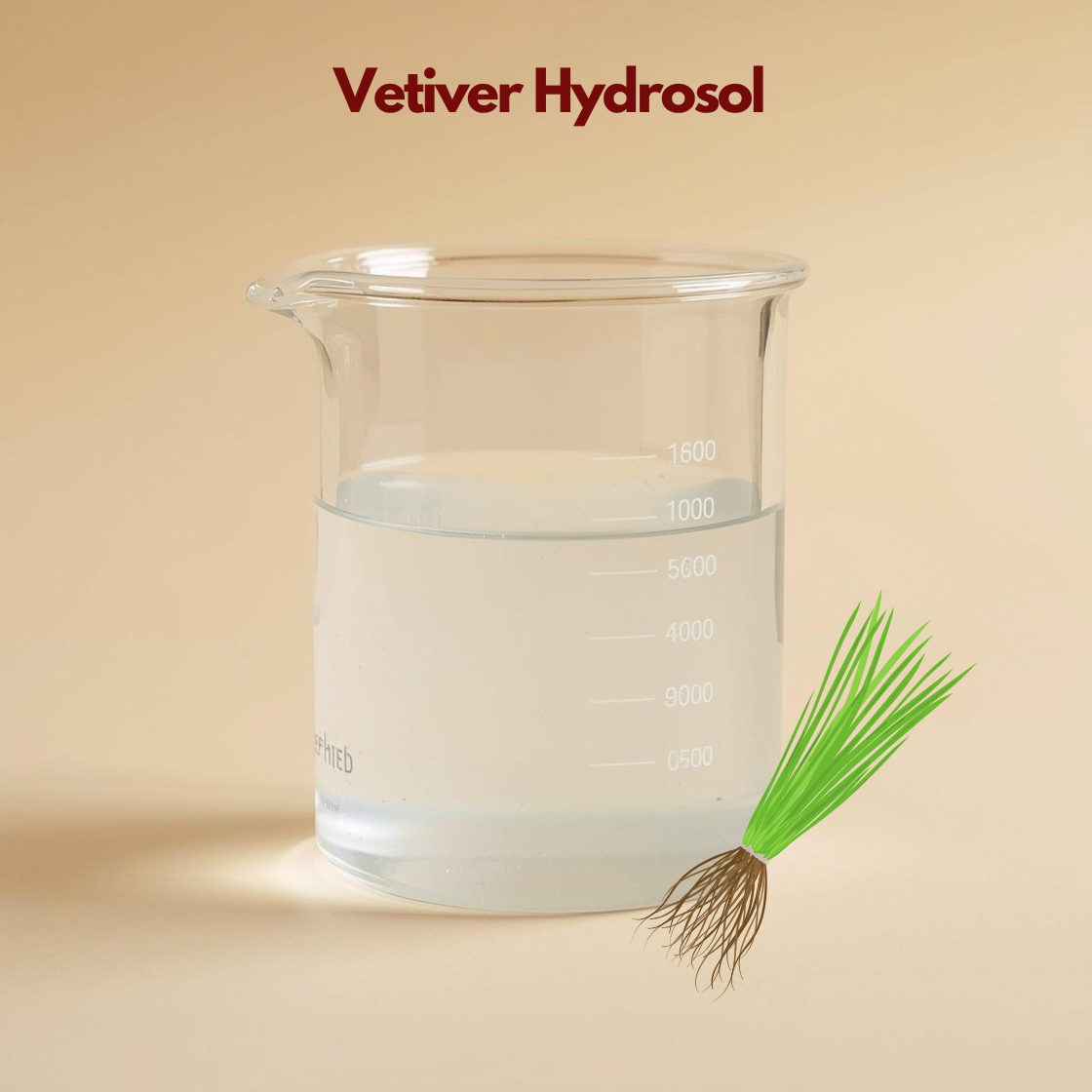 Clear liquid displayed in a glass beaker labeled Vetiver Hydrosol with illustrated vetiver roots and green blades. This vetiver hydrosol floral water emphasizes grounding and soothing skincare benefits.