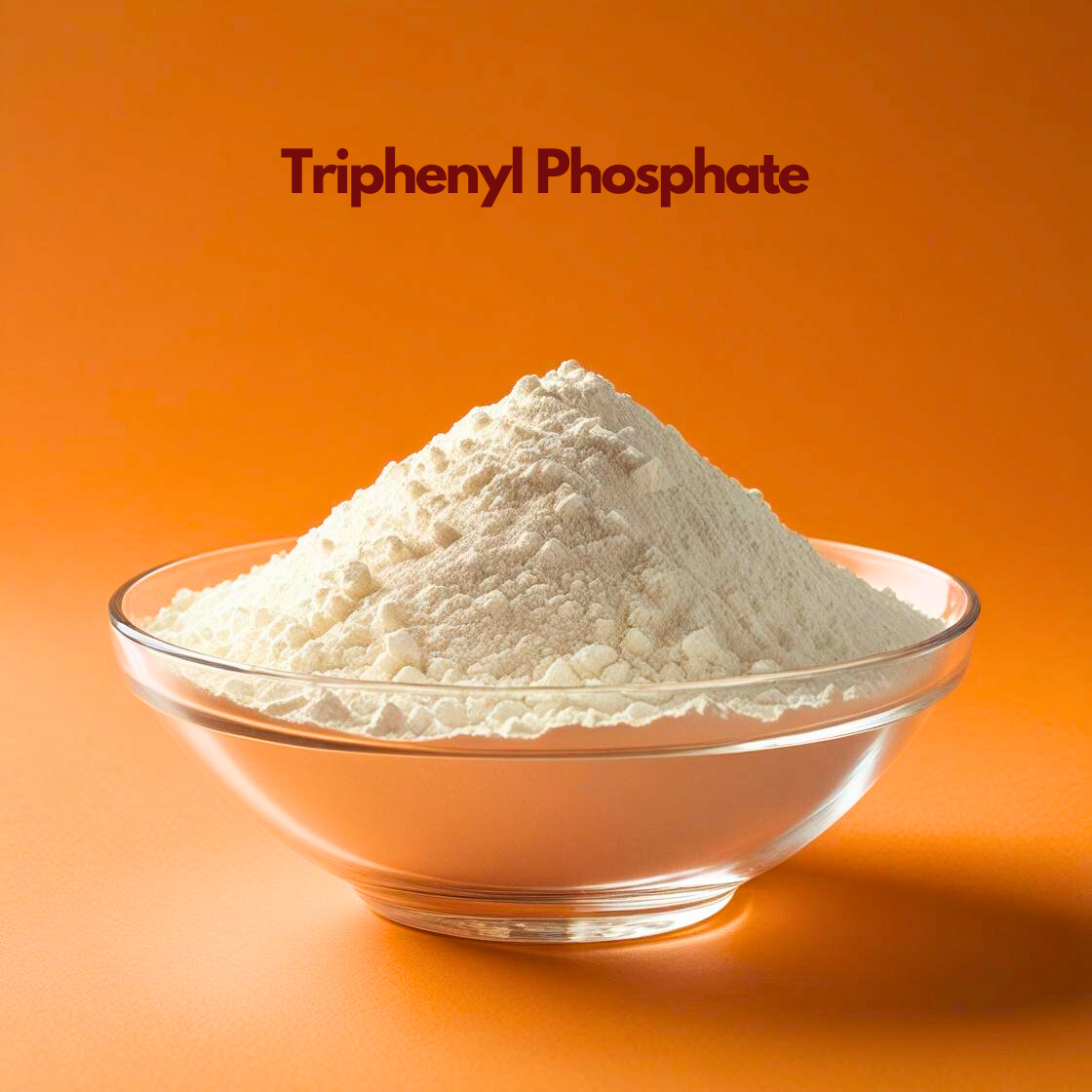 Clear glass bowl filled with fine off white powder labeled "Triphenyl Phosphate" displayed on an orange background. Triphenyl phosphate is used in cosmetic and personal care formulations as a plasticizer and stabilizing ingredient and specialty products.