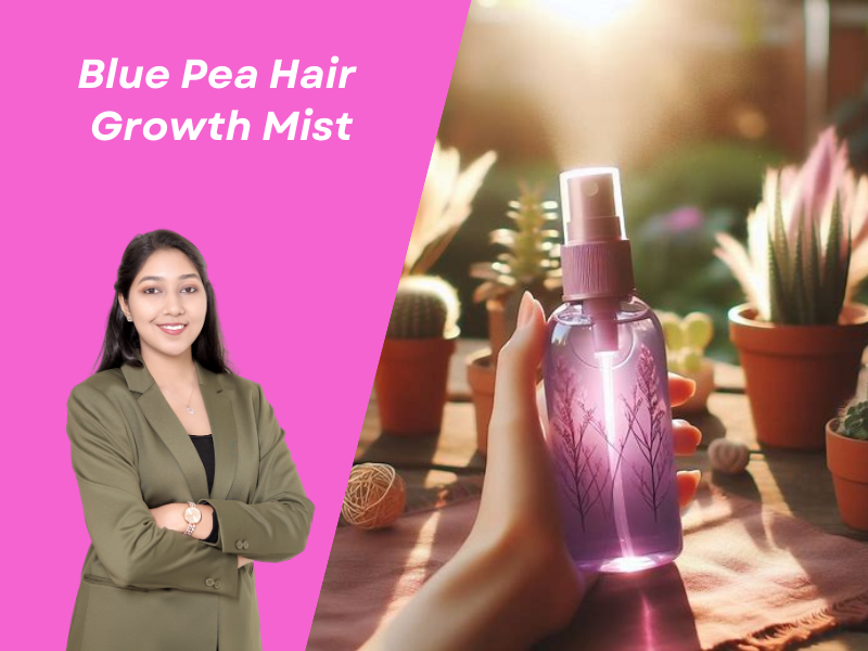 A nature focused hair care graphic. On the left, a female professional formulator stands against a vibrant pink background. On the right, a hand holds a clear spray bottle filled with a light violet-tinted liquid, misting into the air. The background is a sun drenched garden filled with potted cacti and lush plants, highlighting the botanical "Blue Pea " ingredients.
