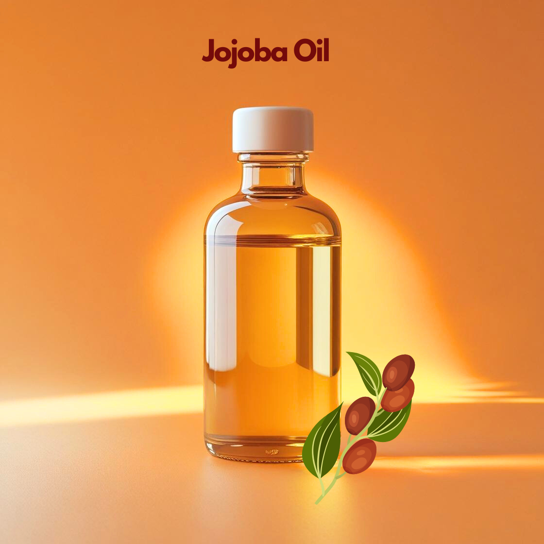 Cold pressed jojoba oil in premium glass bottle with jojoba seeds, balancing carrier oil from our carrier oil collection for facial oils, serums and natural cosmetic formulations.