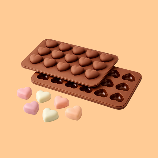 Brown silicone heart shaped soap mold trays stacked together with small colorful heart soaps placed in front, silicone mold used for handmade soap making, wax melts, bath products and DIY cosmetic crafting.