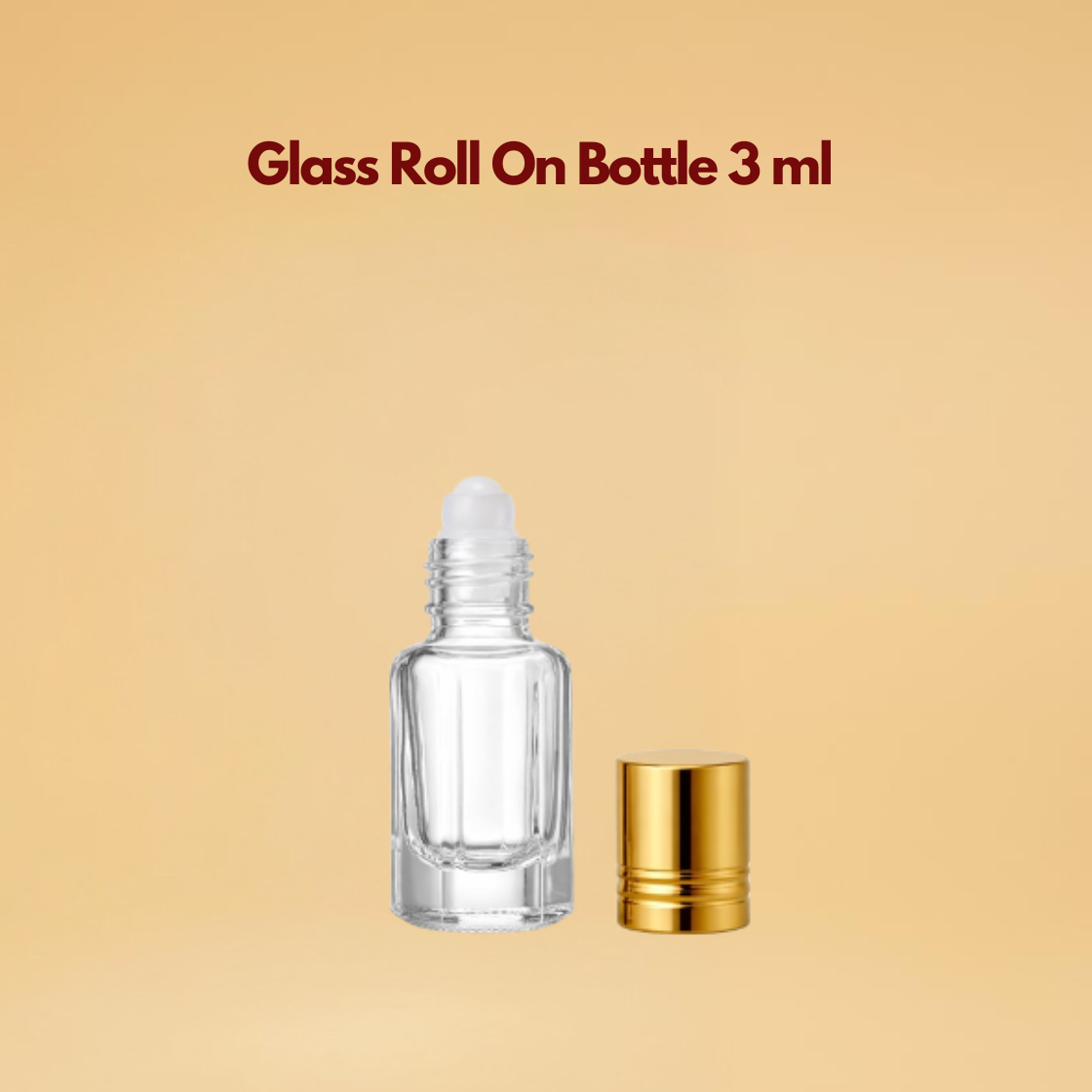 3ml clear glass roll-on bottle with gold metallic cap and white roller ball small glass roller bottle for perfume oil, attar, serum | 3ml glass roll on bottle India | mini glass roller bottle for cosmetic oil, essential oil packaging, travel perfume. Perfect for attar, essential oils, serums, and concentrated perfumes. Ideal for sample-size cosmetic and fragrance packaging.